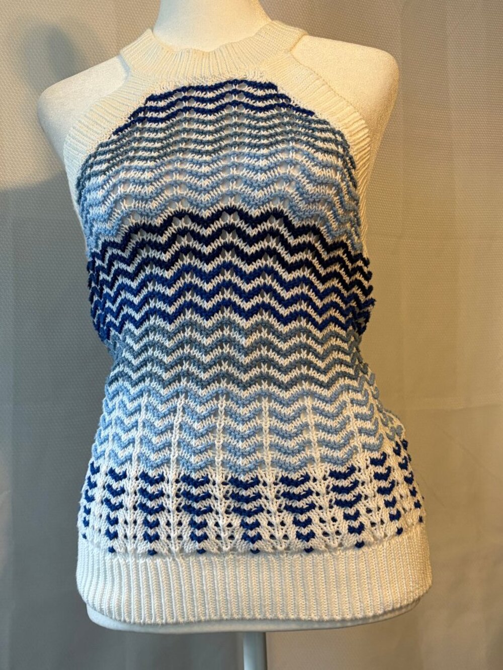 LOFT Knit Halter Top Sweater Cheveron Blue White Nautical NWT